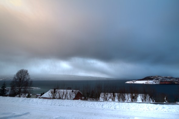 HDR of a snow shower moving through the Ofoten Fjord